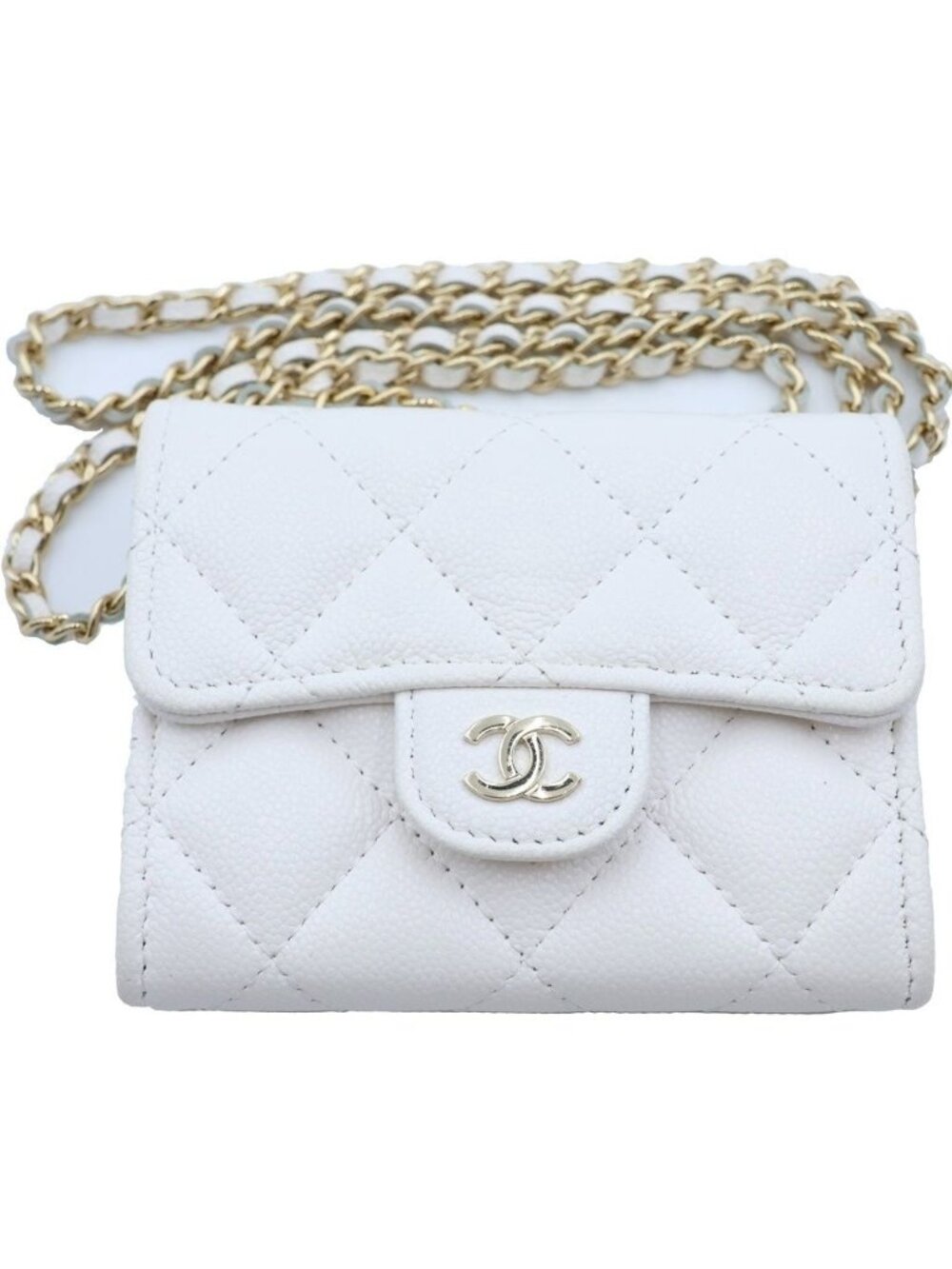 Chanel Quilted Mini Chain Wallet White Caviar Leather Gold Shoulder Bag